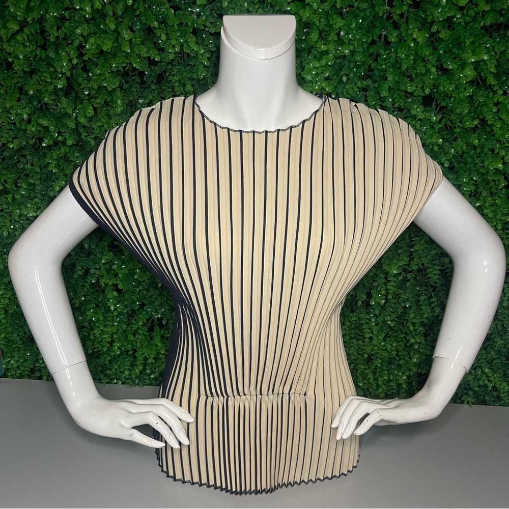 Zara Womend XS/ Small Pleated Accordian Cream & Navy Top NEW
